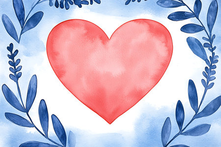 Watercolor illustration of a heart with blue leaves on a white backgroundの写真素材