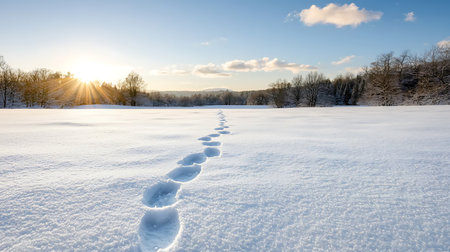 Beautiful winter landscape with footprints in the snow on a sunny dayの写真素材