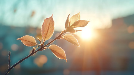 Beautiful autumn tree branch with leaves in sunlight. Nature background.