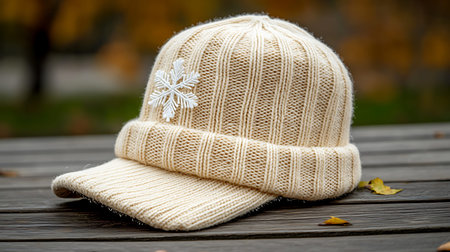 Winter hat with snowflake on a wooden bench in the park.