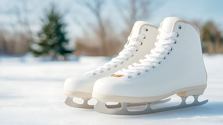 White ice skates on the background of a winter landscape. 3d renderingの写真素材