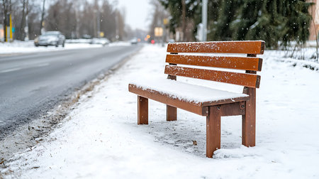 Wooden bench on the street covered with snow during a snowfall