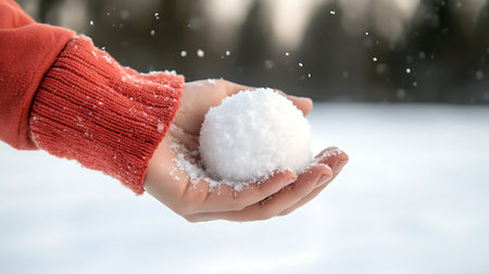 Close up of woman hands holding snow in front of winter forest backgroundの写真素材