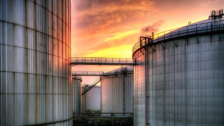 Industrial silos for storing grain harvest in the countryside at sunset.