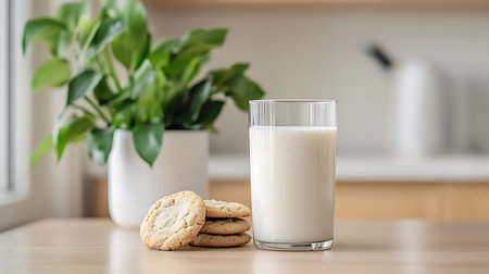 A glass of milk and cookies on a table in the kitchen.の写真素材
