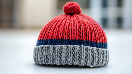 Knitted hat with a red and blue stripe on a white background