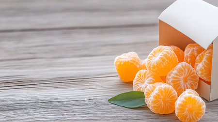 Mandarin oranges in paper box on wooden background with copy space.の写真素材