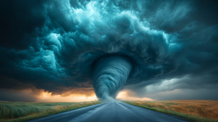 Dramatic stormy sky with tornado in the middle of the roadの写真素材
