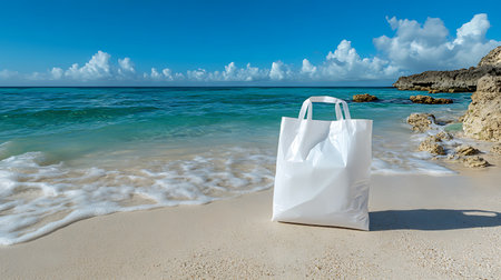White plastic bag on sand beach with sea and blue sky background.の写真素材