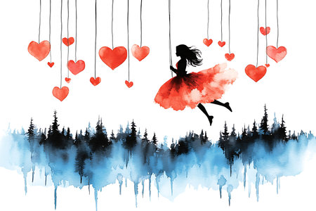 Silhouette of a girl in a red tutu on the background of the forest and heartsの写真素材