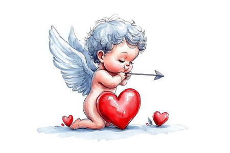 Cupid with a heart on a white background. Watercolor illustrationの写真素材