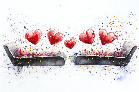 Sofa with red hearts on white background. Watercolor illustrationの写真素材
