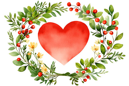 Watercolor floral wreath with red heart and green leaves on white backgroundの写真素材
