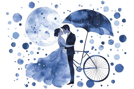 Couple in love with umbrella and bicycle. Watercolor illustration.の写真素材