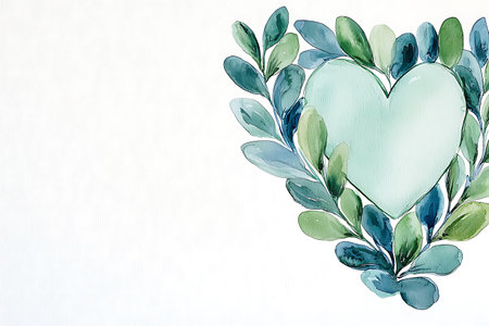 Watercolor hand painted blue heart with green leaves on white background.の写真素材
