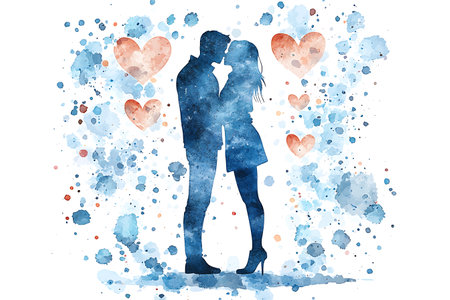 Romantic couple in love with watercolor splashes. Vector illustration.の写真素材