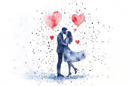 Watercolor illustration of a couple in love with hearts on white backgroundの写真素材