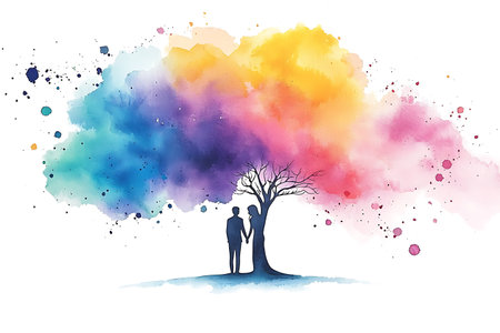 Silhouette of a couple in love on the background of a colorful watercolor splashの写真素材