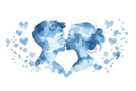 Beautiful couple in love with blue watercolor hearts. Vector illustration.の写真素材