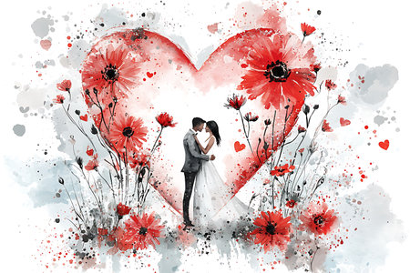 Watercolor illustration of bride and groom on grunge background with red flowersの写真素材