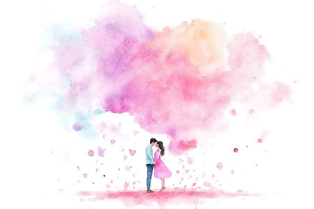 Illustration of a man and woman in love with pink watercolor backgroundの写真素材