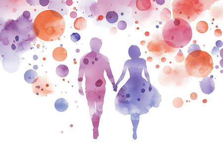 Abstract watercolor background with man and woman silhouettes. Hand-drawn illustration.の写真素材