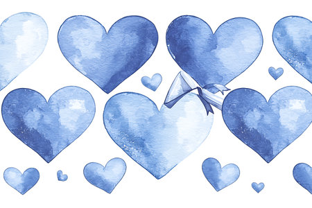 Watercolor blue hearts seamless pattern on white background. Vector illustration.の写真素材