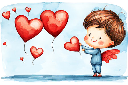 Valentine's day card with boy and heart-shaped balloonsの写真素材