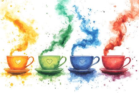 Colorful cups of coffee with steam. Hand drawn vector illustration.の写真素材