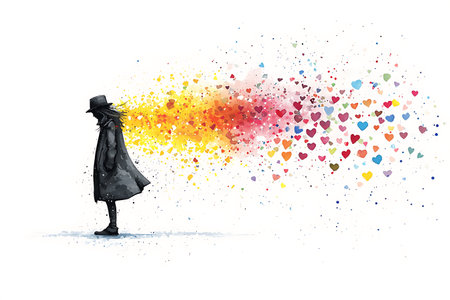Silhouette of woman in black coat and hat with colorful heartsの写真素材
