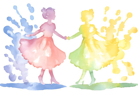 Watercolor silhouettes of girls in pink and yellow dress. Vector illustration.の写真素材