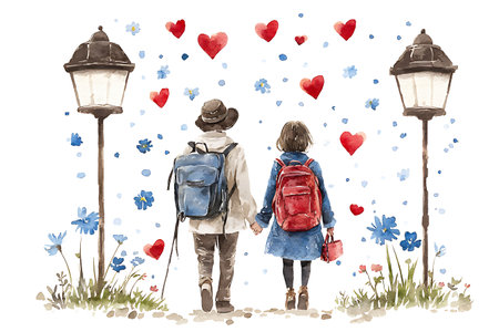 Young couple with backpacks walking on the street. Watercolor illustrationの写真素材