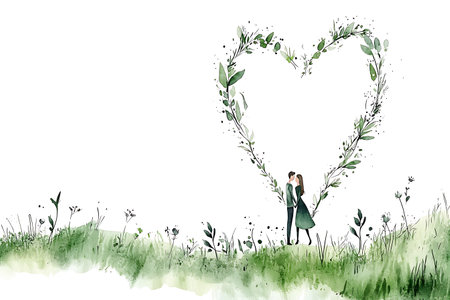 Hand drawn vector illustration of a young couple in love on a meadowの写真素材
