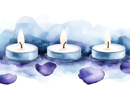 Watercolor candles on a blue watercolor background. Vector illustration.の写真素材