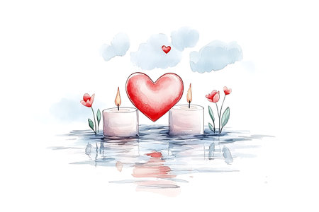 Watercolor illustration of Valentine's Day with heart, candles and flowersの写真素材