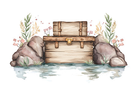 Watercolor hand drawn illustration of a treasure chest with a wooden border.の写真素材