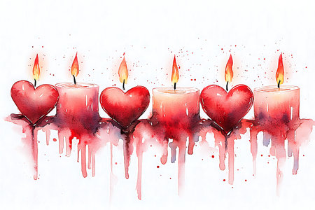 Watercolor red heart and candles on white background. Valentines dayの写真素材