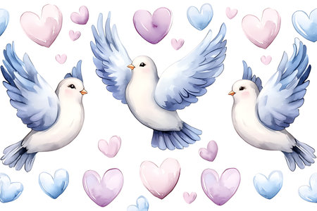 Seamless pattern with white doves and hearts. Watercolor illustrationの写真素材