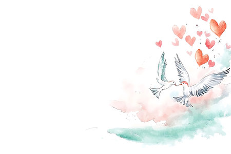 Greeting card with flying birds and hearts. Watercolor illustration.の写真素材
