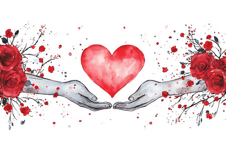 Hands holding red heart and flowers. Hand drawn vector illustration.の写真素材