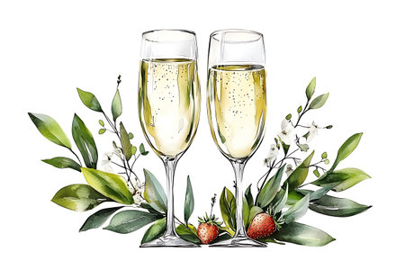 Two glasses of champagne with floral decoration, isolated on white background.の写真素材