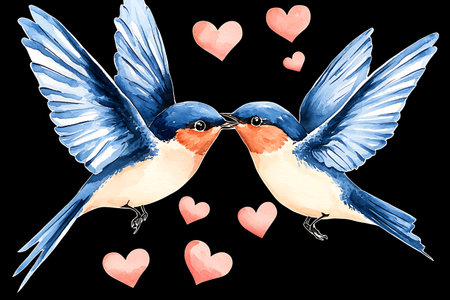 Watercolor illustration of a pair of swallows in love, isolated on black backgroundの写真素材
