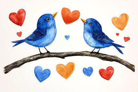 Two blue birds on a branch with hearts on a white background.の写真素材