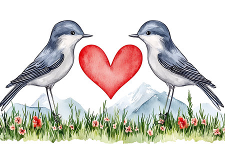 Watercolor illustration of a couple of birds with a red heart in the meadow.の写真素材