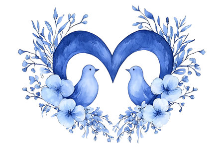 Beautiful vector card with blue flowers and birds in the shape of a heartの写真素材