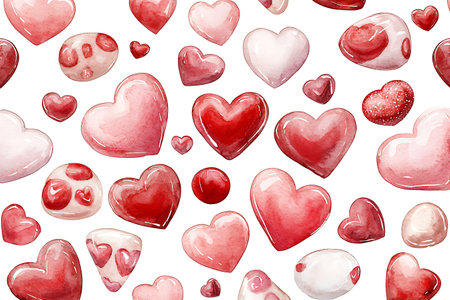 Seamless pattern with red hearts. Watercolor hand drawn illustrationの写真素材