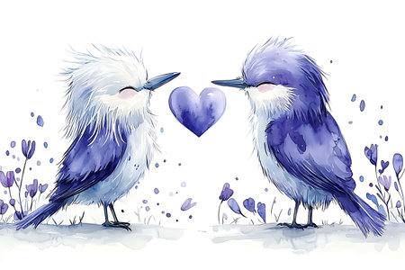 Two birds in love with hearts. Watercolor illustration on white background.の写真素材