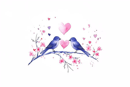 Watercolor illustration of birds on cherry blossom tree branch with heartsの写真素材