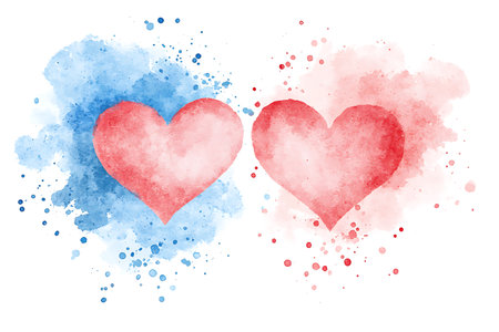 Red and blue watercolor hearts on white background. Vector illustration.の写真素材