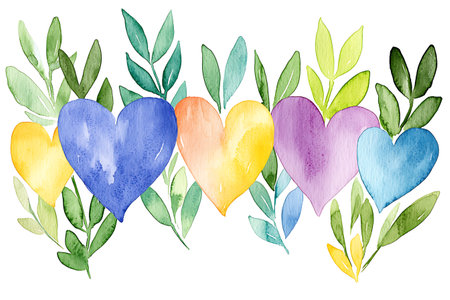 Watercolor hearts and leaves. Hand-drawn illustration on a white background.の写真素材